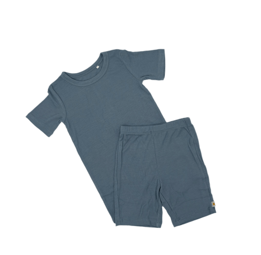 Solid Blue Ribbed 2-Piece Shorts Set